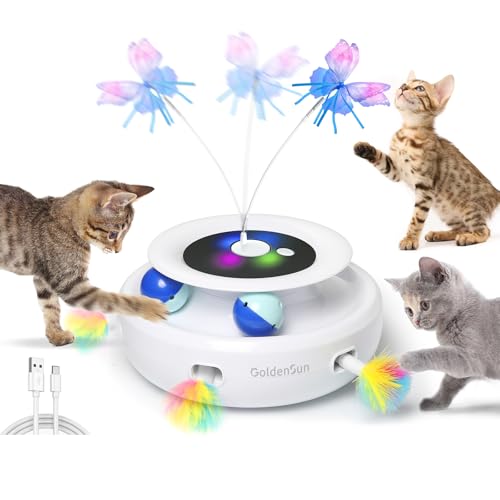 GoldenSun Jouet pour Chat, Jouet Interactif électrique 3 en 1 pour Chats, Whack-A-Mole, Papillon Flottant, Balle Incluse, Jouet pour Chat Rechargeable par USB avec 4 Accessoires