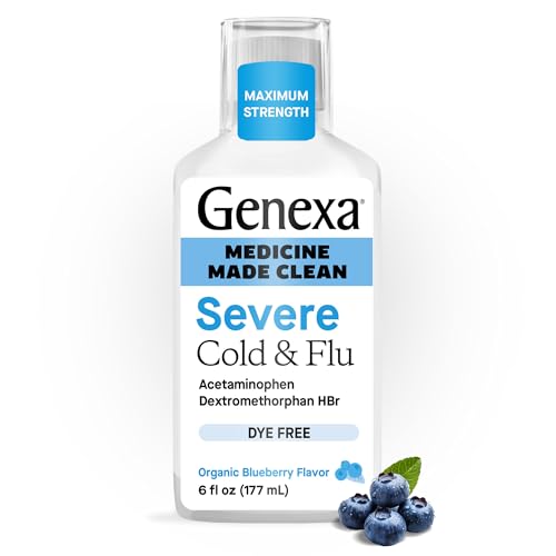Genexa Clean Cold & Flu Relief Dye Free 0% Artificial Additives Severe Daytime Medicine for Body Pain Cough Cold and Flu Headache Fever Chest Congestion Organic Blueberry Flavor 6 fl oz
