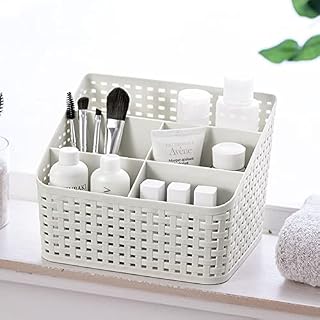 XAVSWRDE Storage Basket Plastic Cosmetic Storage Box Makeup Dressing Table Organiser Versatile Sorting Box Makeup Storage with 5 Compartments for Desks Bathroom Kitchen, Lvory White, 140*145*180mm