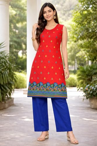 Image of Women's Cotton Blend Unstitched Kurti Set for Women | A-Line Style Dress Material | 2-Piece Traditional Ethnic Wear Suit Fabric