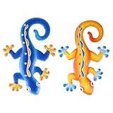ARTIBETTER 2 pezzi Decorazioni da Parete Forma di Geco in Metallo Ornamentali per Interni ed Esterni per Bagno Giardino e Patio Design Artigianale Blu e Giallo