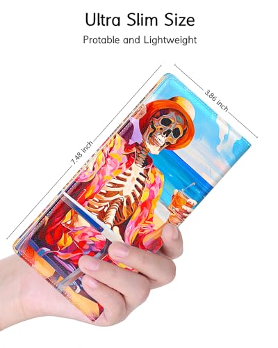 Image of Nipichsha Womens Wallet, RFID Slim Wallets for Women, Thin Ladies Credit Card Holder Purse, Cute Leather Bifold Clutch Billfold with 11 Card Slots & ID Window, Beach Skull