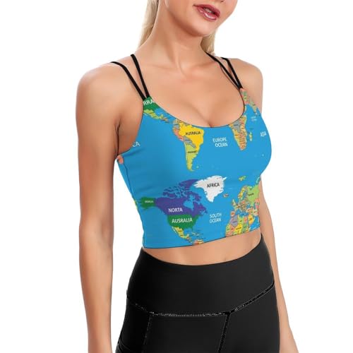 Casual Support Yoga Bra Educational World Map, Padded Gym Running Workout Tank, Wirefree Sports Top for Women & Girls