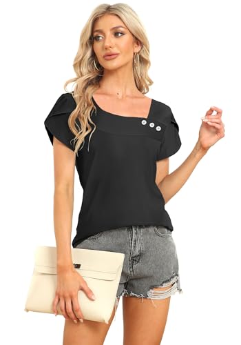 Image of Womens Petal Sleeve Tops Summer Trendy T Shirt Casual Loose Square Neck Button Blouse Tees