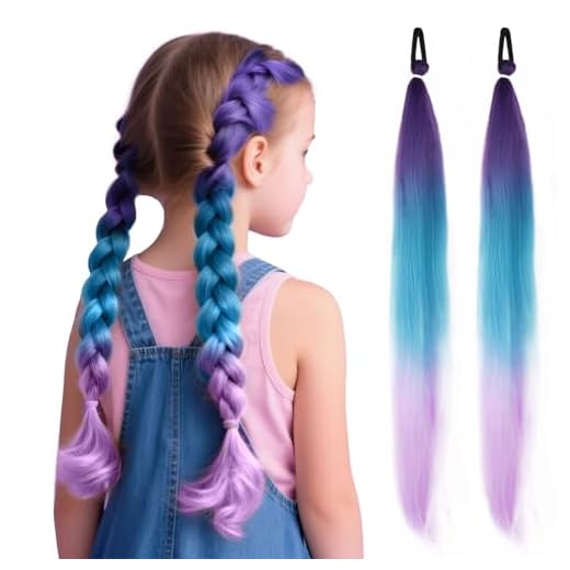 Lot de 2 extensions de cheveux synthétiques à tresser - 75 cm - Avec chouchou - Tressage multicolore - Pour enfants, fête, vacances, carnaval - Décoration (A)