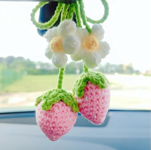 Image of VRB Dec 1 Pcs Crochet Flower for car Dashboard Decoration Items,Car Hanging Crochet Flower,Sunflower Decoration for Car,Car Mirror Hanging Accessories, (Hanging Strawberry Pink Crochet - 1 Pcs)