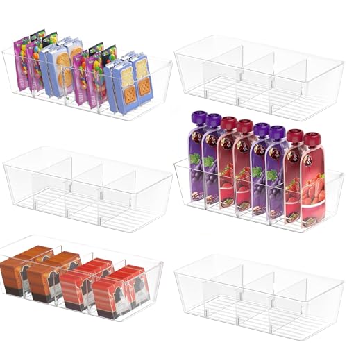 BALEINE Clear Plastic Storage Bins with 3 Removable Dividers, Pantry