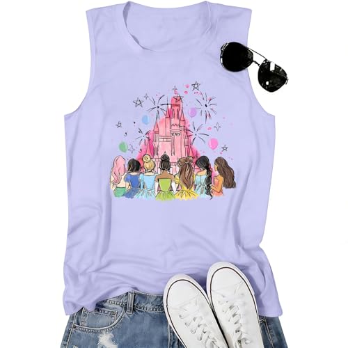 Magic Princess Tank Tops for Women: Magical Shirt Fairy Castle Graphic Tank Family Vacation Vest Summer Sleeveless Tops