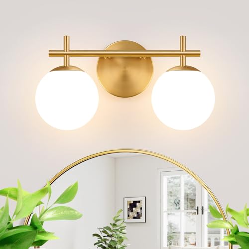 Image of MOKATNG 2-Light Bathroom Light Fixtures, Brushed Gold Vanity Lights for Bathroom with Milky White Glass Shade, Bathroom Lighting Fixtures Over Mirror, Wall Sconce for Bedroom (Bulb Not Included)