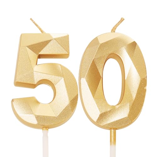 50th Birthday Candles, Gold Number 50 Happy Birthday Candles, Women Men Cake Topper Decorations for 50 Year Old Birthday Party Wedding Anniversary Celebration Supply Gold