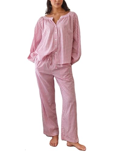 Image of Argeousgor Women Plaid 2 Piece Pajama Set Button Down Puff Sleeve Babydoll Shirt Gingham Pants Pj Lounge Set Sleepwear