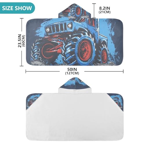 Image of Blue Monster Truck Hooded Beach Towel for Kids, Kids Bath Hooded Towels for Boys Girls, Super Soft Absorbent Bathrobe with Hood for Swin Pool 50 inchx23.5 inch
