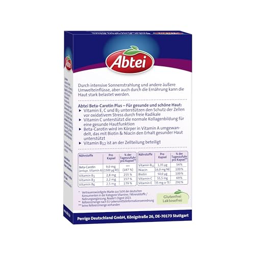 Abtei Beta-Carotin Plus - Nährstoffkombination aus hautaktiven B-Vitaminen, Vitamin C und Vitamin E - für gesunde & schöne Haut und Hautschutz - glutenfrei, laktosefrei - 50 Kapseln