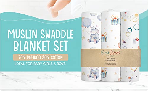 Image of First Love by Lily Swaddle Blankets 70% Bamboo 30% Cotton - Silky Soft Muslin Swaddle Blanket - Newborn Infant Swaddling Wrap Set - Ideal for Baby Girls Boys - 47x47 Inches (Pack of 3)