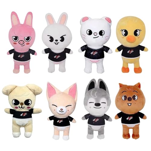 Rppiup 8 Pcs SKZOO Peluches, Stray Kids Peluches, Dessin Animé Peluch Poupées, Wolf Chan/Leebit/DWAEKKI/Jiniret/Han Quokka/BbokAri/PuppyM/Fox, Anniversaire Cadeaux pour Enfants et Fans