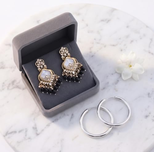 Image of Traditional 20K Gold Plated Kundan Chandbali Earrings with Black Beads and Faux Pearls for Women - Ethnic Wedding & Partyy Wear Statement Jewelry