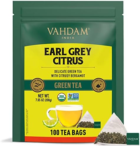 VAHDAM, ORGANIC Earl Grey Citrus Green Tea (100 Tea Bags) | Green Tea Leaves from the Himalayas with Natural Bergamot Oil | Finest Earl Grey Tea Bags, Long Leaf Bergamot Tea