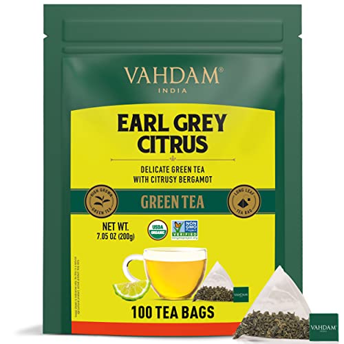 Vahdam, Organic Earl Grey Citrus Green Tea (100 Tea Bags) | Green Tea Leaves From The Himalayas With Natural Bergamot Oil | Finest Earl Grey Tea Bags, Long Leaf Bergamot Tea #TOP15