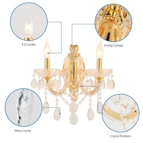 Image of YLONG-ZS Gold Traditional Crystal Wall Sconce, 2-Light Candle Style Vanity Lamp, Ornate Metal Frame with Glass Trim Strips, Hardwired Vintage Fixture for Bathroom Bedroom, E12 Base