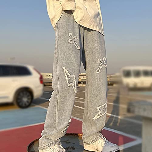 Jeans large homme rétro avec patchwork stretch et bas évasé confortable