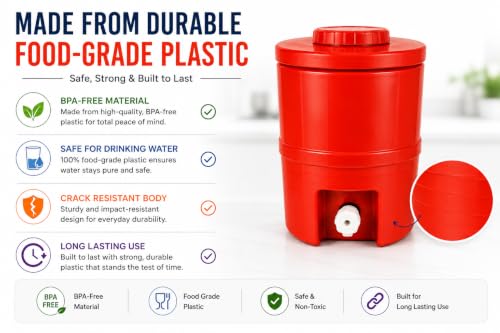 Image of Plastic Water Jug | Food Grade | Insulated Water jug Cool Chilled Water Camper jar (Red, 15 litres)