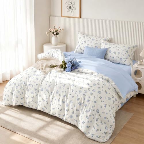 Image of Nayoroom Blue Floral Duvet Cover Queen Reversible Cottagecore Bedding