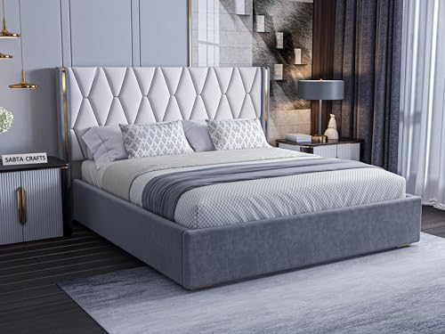 Image of Acacia Modern Upholstered Queen Size Bed with Hydraulic Storage for Bedroom | Wooden Double Beds for Home & Hotels | Platform Cot Bed with Upholstery Fabric, 6.5 x 5 Ft, Sheesham Wood, White-Grey