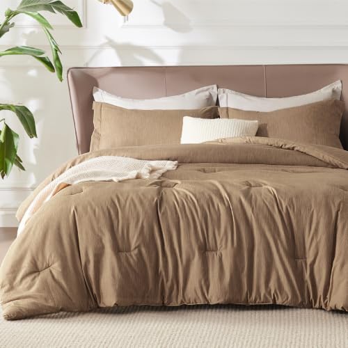 Image of Bedsure Full Comforter Set - Brown Soft Bedding for All Seasons, Cationic Dyed Bed Set, 3 Pieces, 1 Full Size Comforter (82 inchx86 inch) and 2 Pillow Shams (20 inchx26 inch+2 inch)