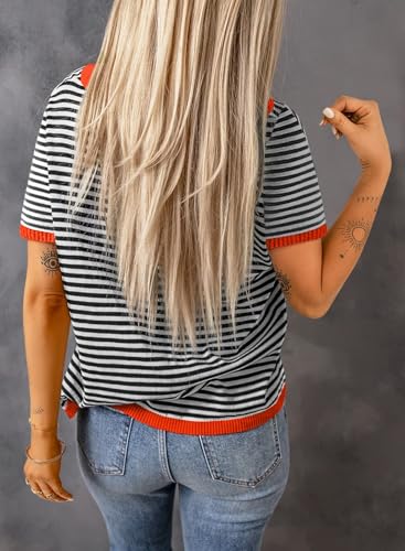 Image of Womens Short Sleeve Striped Color Block Crew Neck Sweater Shirt Lightweight Cotton Casual Summer Pullover Tops