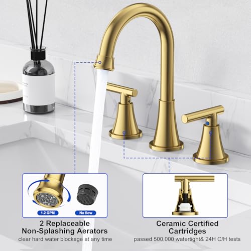 Image of Bathroom Faucet 3 Hole, Brushed Gold Faucets with Drain and Supply Lines | Hurran Stainless Steel Lead-Free Widespread Bathroom Sink Faucet for Vanity RV Restroom Laundry Outdoor Camper, 2 Pack