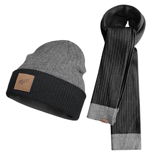 Womens Winter Warm Hat & Scarf Set, Soft Double Layer Knit, Cozy and Stretchy Caps with Scarf, for Travel & Outdoor Black+grey