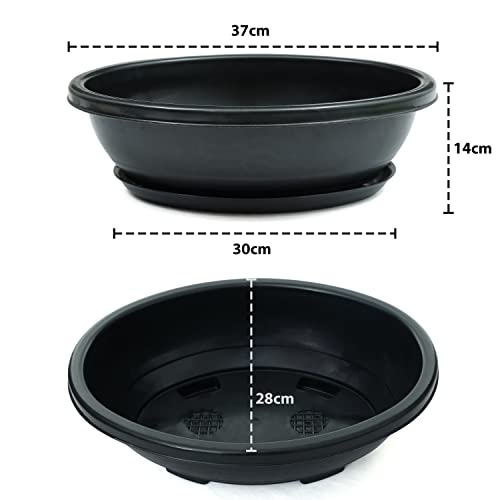 Livzing 15inch Pack of 5 Bonsai Flower Pot with Tray - Virgin Planter Pots with Drain Holes – Indoor Outdoor Balcony Gardening Pots - Oval Shaped Grow Pots for Plants - Black