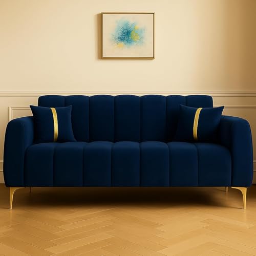 Image of FURNY Harmony 2 Seater Velvet Fabric Sofa Set (Blue) with Premium Golden Finish Legs | Velvet Finish | Ideal for Living Room