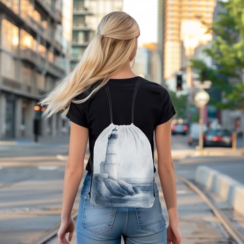 Image of jejeloiu Lighthouse Drawstring Backpack 13x15.7inch Nautical Seascape Waterproof Gym Drawstring Bags Ocean Sports String Backpack Beach Swim Travel Bag Sackpack