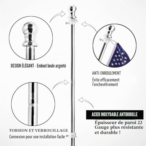 Mât de drapeau réglable et robuste de 1,8 m pour fixation murale extérieure - 3