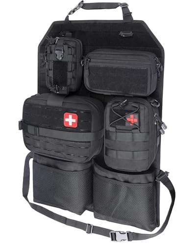 WYNEX Tactical Car Seat Back Organizer Set, Vehicle Accessories Molle Panel wtih Detachable 4 Molle Pouches - First Aid EDC Admin Storage Bag for Road Trips, Fits Most Cars, SUVs, Pickups, Trucks