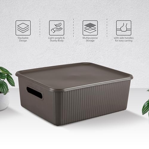 Image of Kolorr Ribbed Baskets Medium Pack of 1 With 1 Standard Lid (Non-Airtight Loose-Fit Cover) Multipurpose Plastic Storage Baskets For Cloths Wardrobe Home Kitchen & Livingroom I Dark Brown