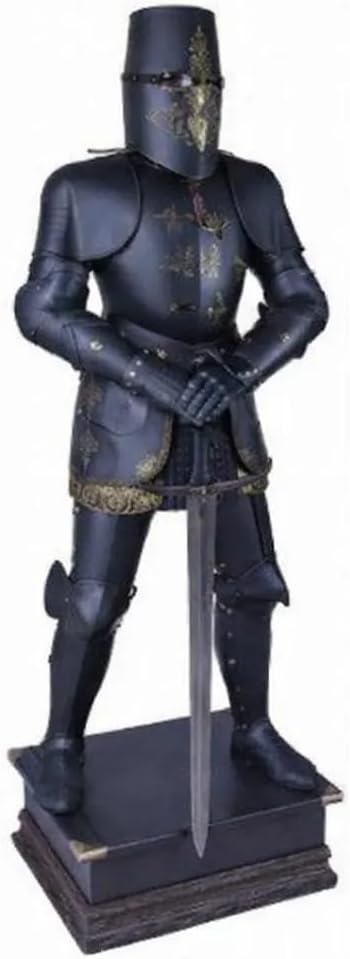 Black Steel Crusader Knight Armor, Gold Etched Full Body Suit, Display Armor, Shield Spear