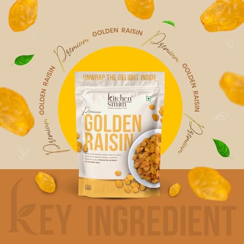 Image of KitchenSmith Golden Raisin Seedless - Pack of 2 (500gm Each) | Dakh, Indian Kishmish, Raisins | Premium Long Raisins & Naturally Sourced Dry Fruits