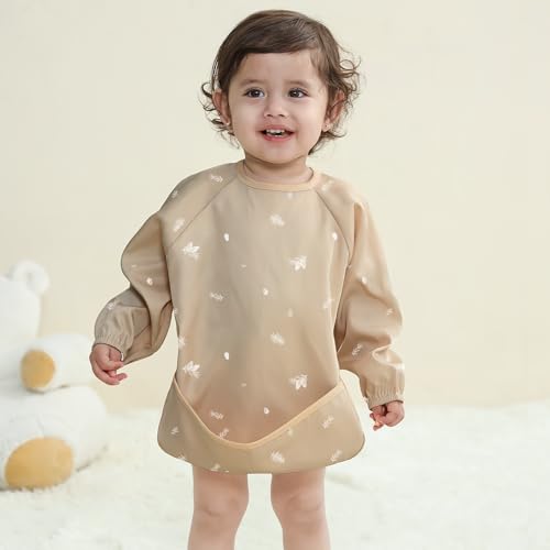 Image of Susurration Baby Long Sleeve Bib Waterproof Sleeved Bib Smock for Baby | 2 Pack Baby Reusable Feeding bibs, 6-36 Months Baby Feeding Essentials - Pinecone