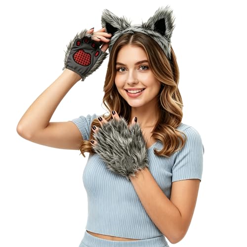 Oreilles de loup-garou et gants poilus pour costume d'Halloween