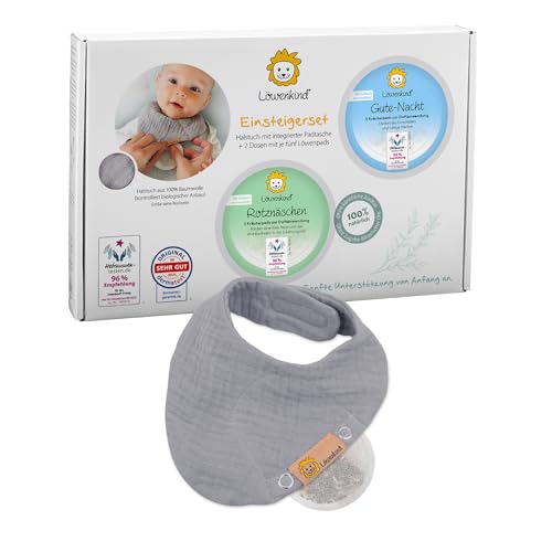 Löwenkind Einsteigerbox Newborn Grau mit Rotznäschen- und Gute-Nacht-Pads- Kräuterpads zur natürlichen Unterstützung in der Erkältungszeit und bei Schlafproblemen für Neugeborene bis 6 Monate