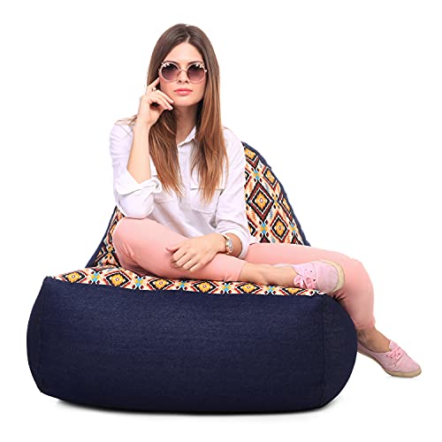 Image of Style Homez Urban Design Denim Canvas Geometric Printed Chair Bean Bag XXL Size Filled with Beans Fillers