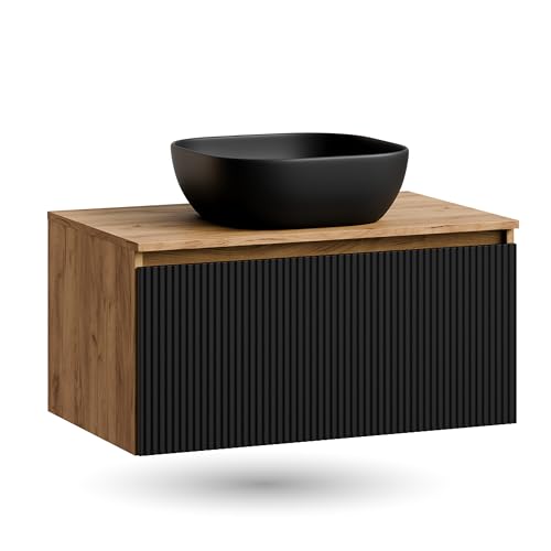 Planetmöbel - Set di mobili da bagno, composto da mobile sottolavabo da 80 cm in oro, rovere nero (con nervature), lavandino da 42 cm nero, incluso sifone salvaspazio