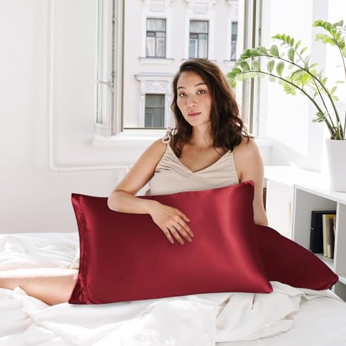Image of Satin Pillow Cover with Silk Bonnet & 3 Premium Scrunchies - Hair & Skin Care Set for Women - Anti-Frizz Sleeping Combo - Gift Pack (Red)