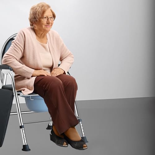 Klappbarer Toilettenstuhl mit Armlehnen und Rückenlehne,3 in 1 Toilettenstuhl für Senioren,Höhenverstellbarer WC Stuhl mit Töpfchen Tragbare Toilette für Senioren und Pflege