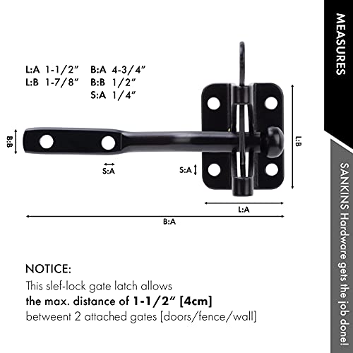 Image of 2 Pcs Self Locking Heavy Duty Gate Latch Automatic Gravity Lever for Wooden Fence with Longer Fasteners, Door Latches with Pull String, Steel, Black