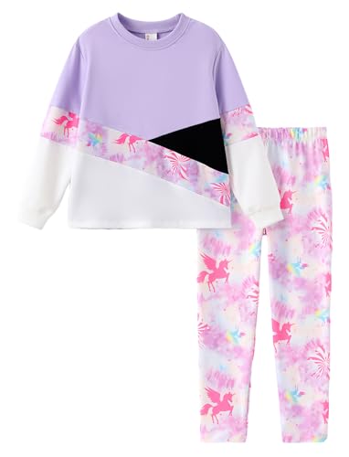 Image of PATPAT Girls 2 Piece Outfits Size 11-12 Years, Purple Unicorn Color Block Sweatshirts and Leggings Clothing Sets Sweatsuit Fall Outfits Joggers Lounge Set Tracksuit Preppy Clothes for Girls