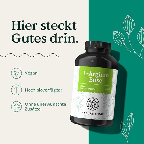 NATURE LOVE® L-Arginin Base mit Citrullin - 365 Kapseln - Hochwertiges pflanzliches Arginin in BASE Form mit 99,7+% Reinheit - Hochdosiert, vegan, in Deutschland produziert