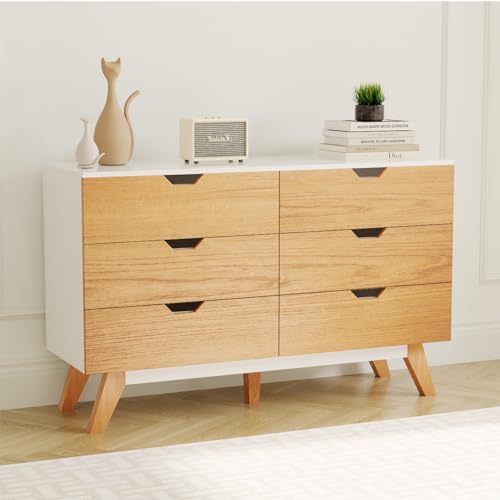 Image of KOZIDO Modern Dresser with 6 Deep Drawers, 6 Chest of Drawers Wide Double Dressers, Wooden Storage Cabinet for Bedroom, Living Room, Hallway, Entryway - Caramel